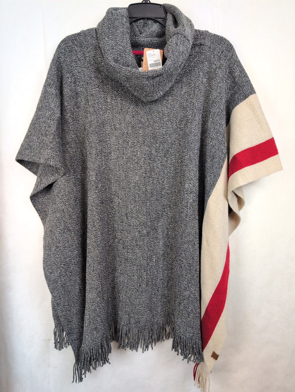 New Roots Cabin Poncho grey oat red stripe fringe Size OS Preppy Boho Classic